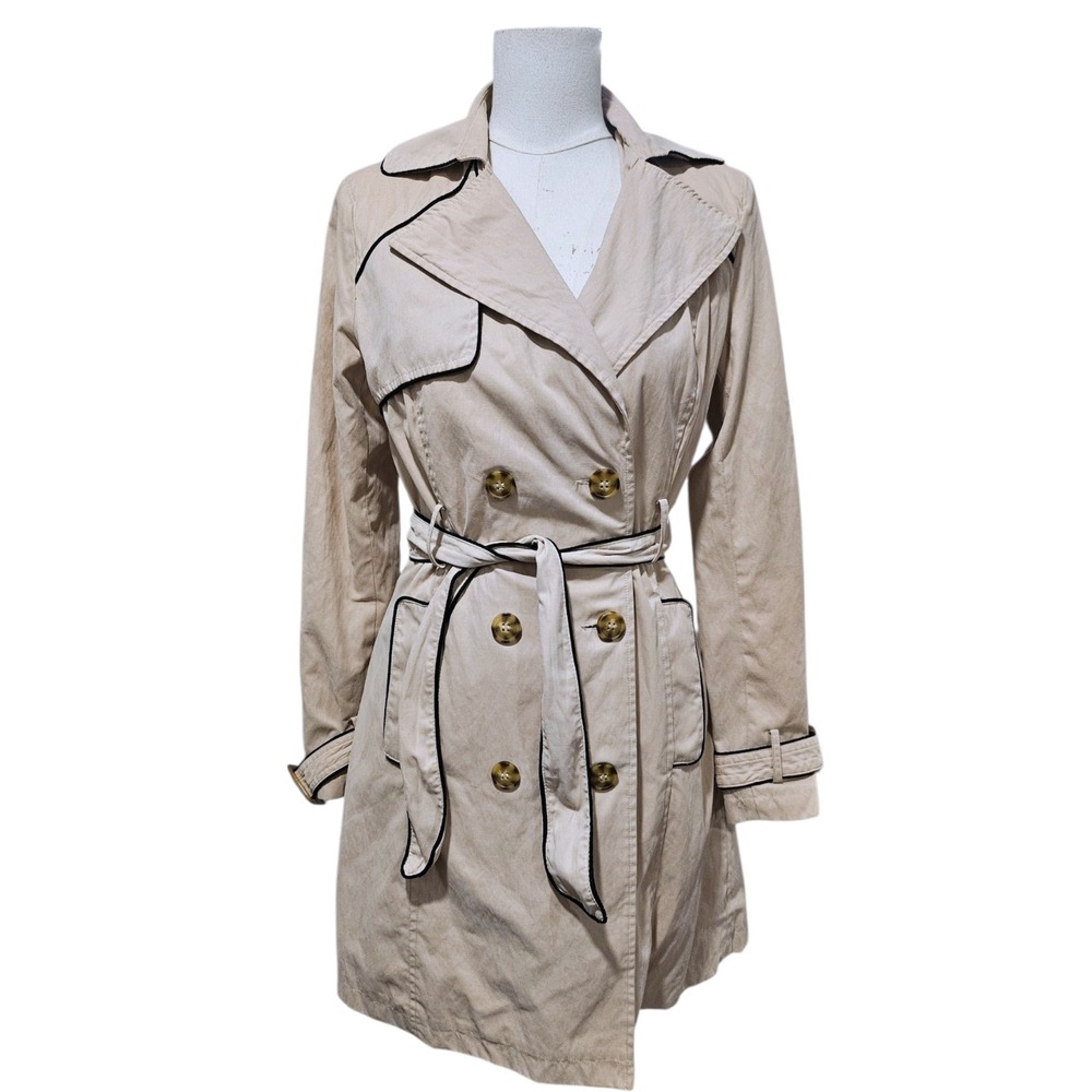 Naf Naf Beige Double Breasted Trench Coat Black Contrast Piping Size 38